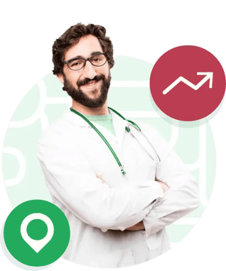 Dr crossing his arms smiling with glasses with marker icon and chart up icon